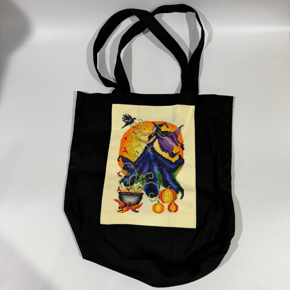 Handmade y2k Vintage Beaded Halloween Cross-Stitch Witch Cauldron Black Tote Bag